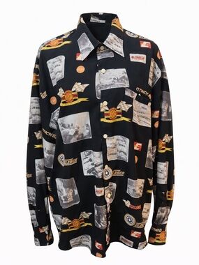 Clench Jeans Racing Print Button Up Shirt XL Vintage Style Graphic Long Sleeve